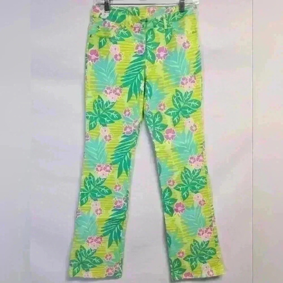 Women's Lilly Pulitzer Wind Chimes Leaf Green Pink Floral Jeans Sz 2 $108 - Picture 2 of 9